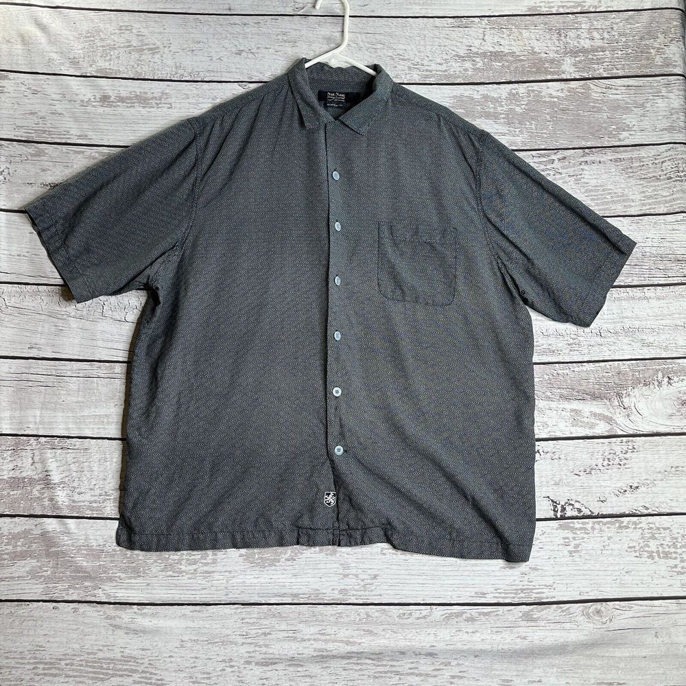 Nat Nast‎ Silk Button Up Shirt Mens XL Short Sleeve Geometric Black/Gray